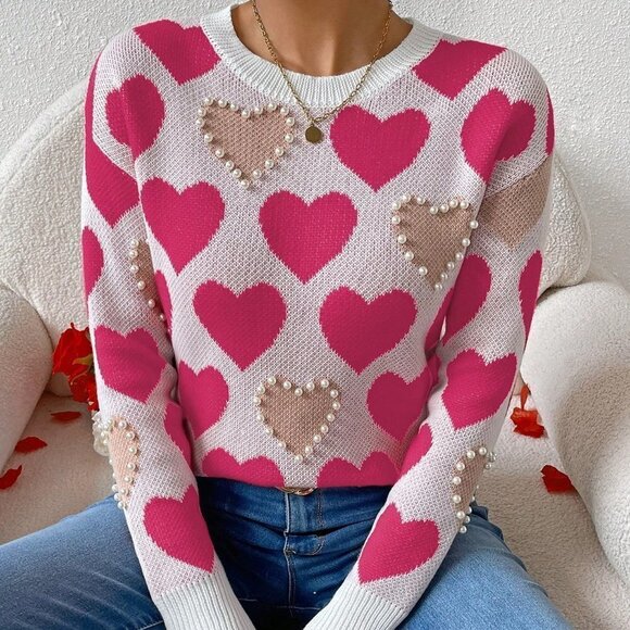 . Sweaters - Hot Pink Casual Womens Heart Embroidery Beaded Pullover Sweater